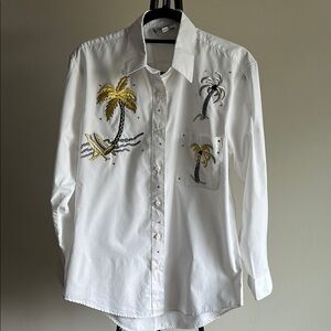 White Palm Tree Embroidered Button Down Shirt